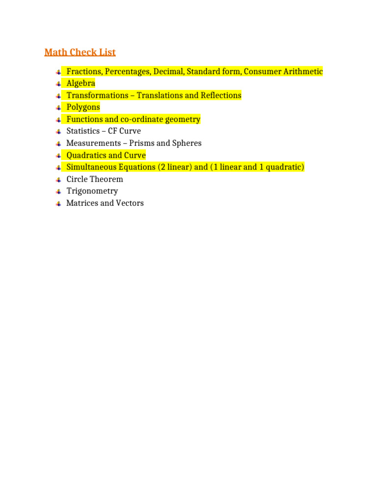 Math Check List | PDF