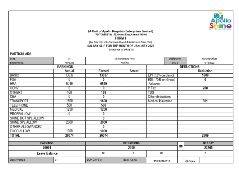 Asf Payslip Jan 2026 | PDF