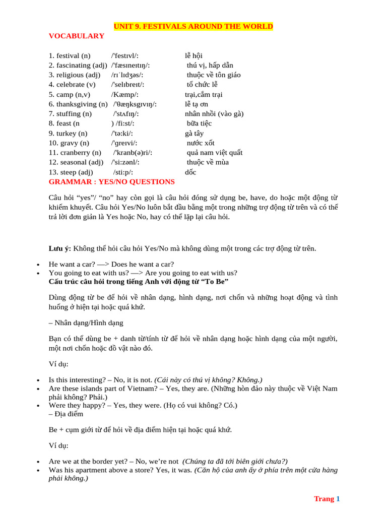 Bai Tap Bo Tro Tieng Anh 7 Global Unit 9 FESTIVALS AROUND The WORLD | PDF