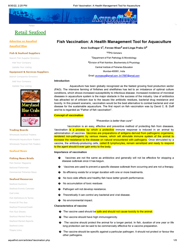 Fish Vaccination - A Health Management Tool For Aquaculture | PDF ...