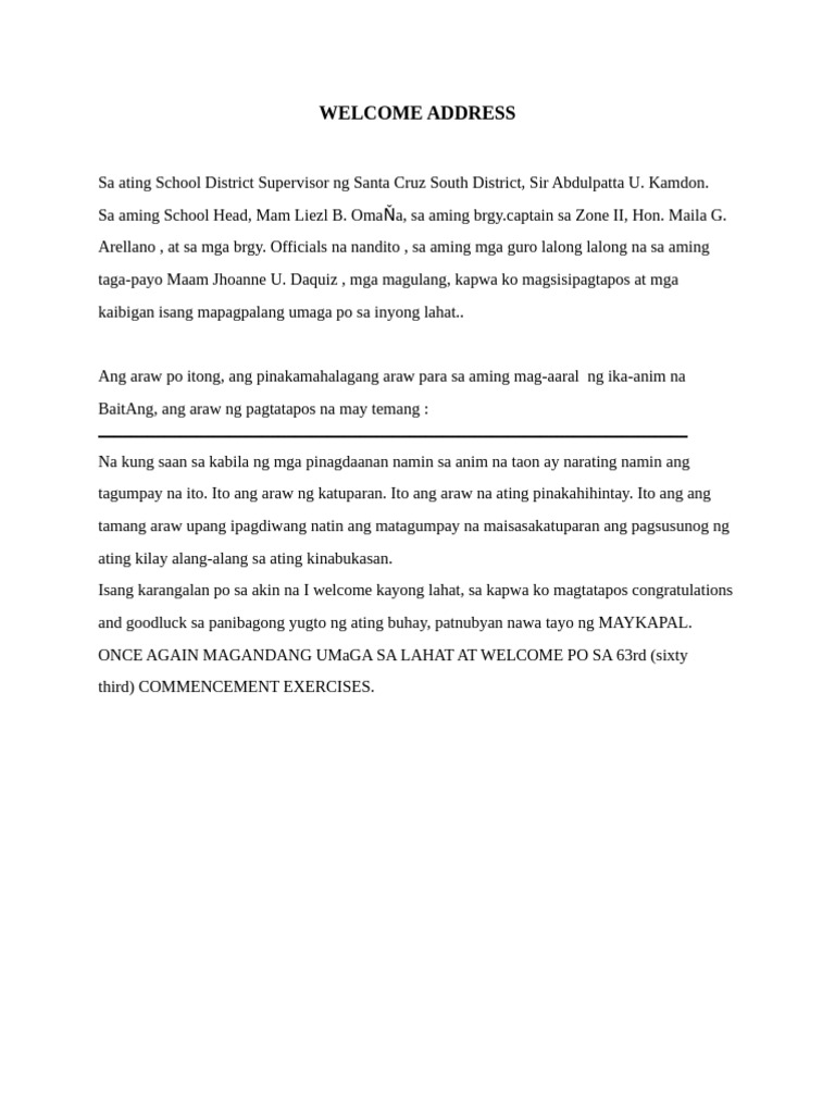 Welcome Address Tagalog | PDF