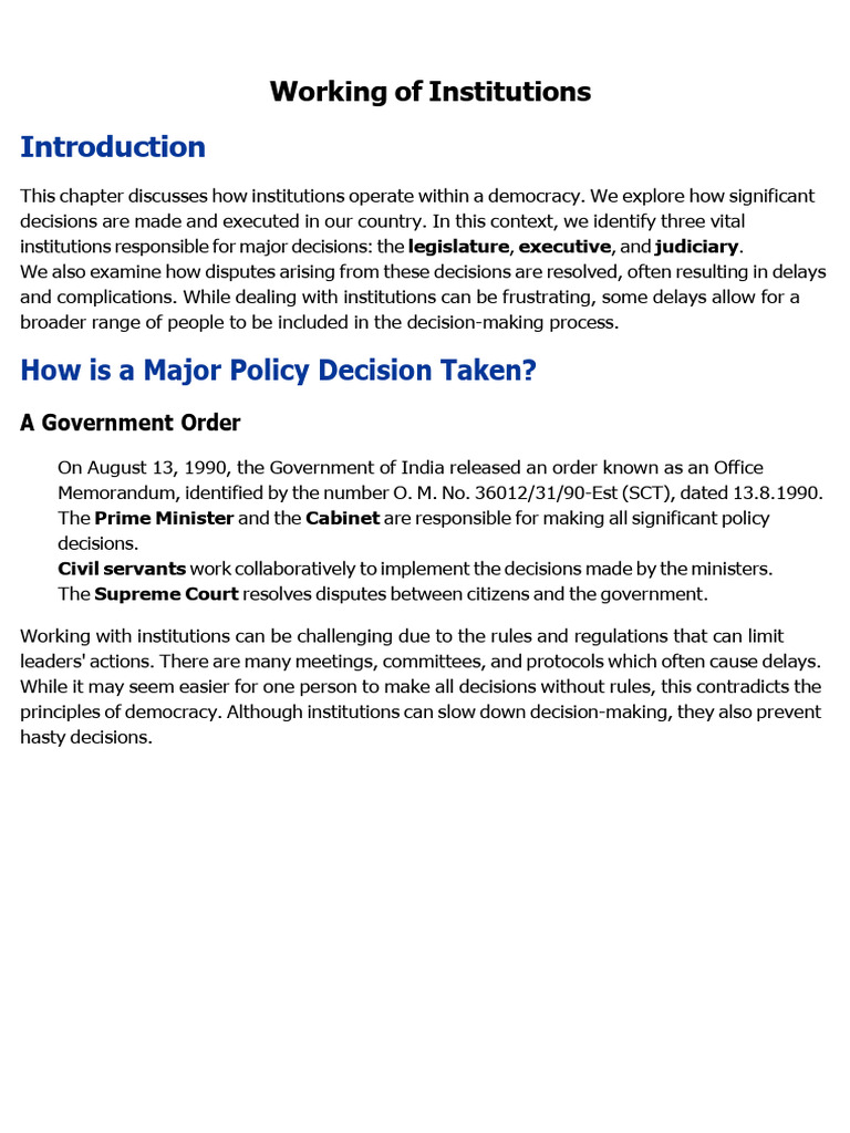Class 9 Civics Chapter 4 Notes - Working of Institutions Free PDF | PDF ...