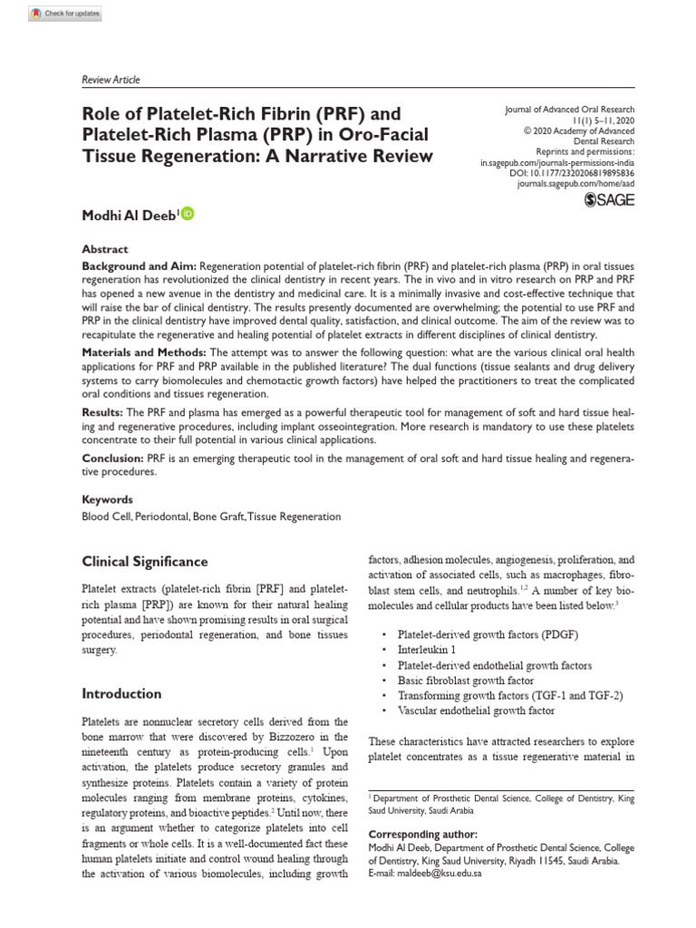 Deeb 2020 Role of Platelet Rich Fibrin PRF and Platelet Rich Plasma PRP ...