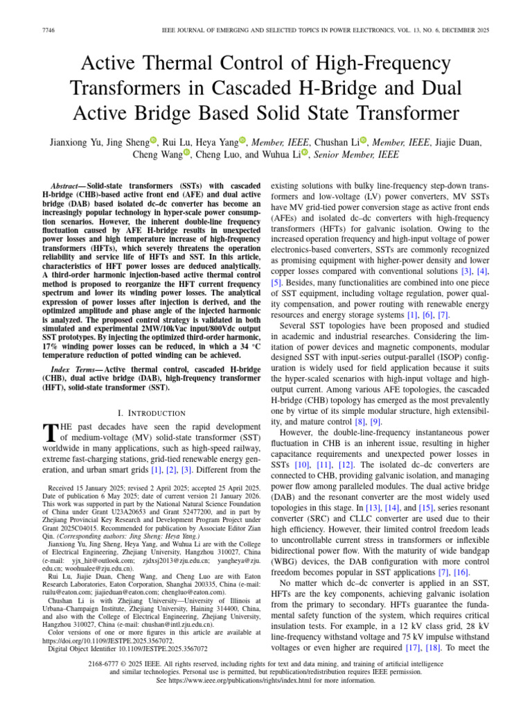 浙大Active Thermal Control of High-Frequency Transformers in Cascaded H ...