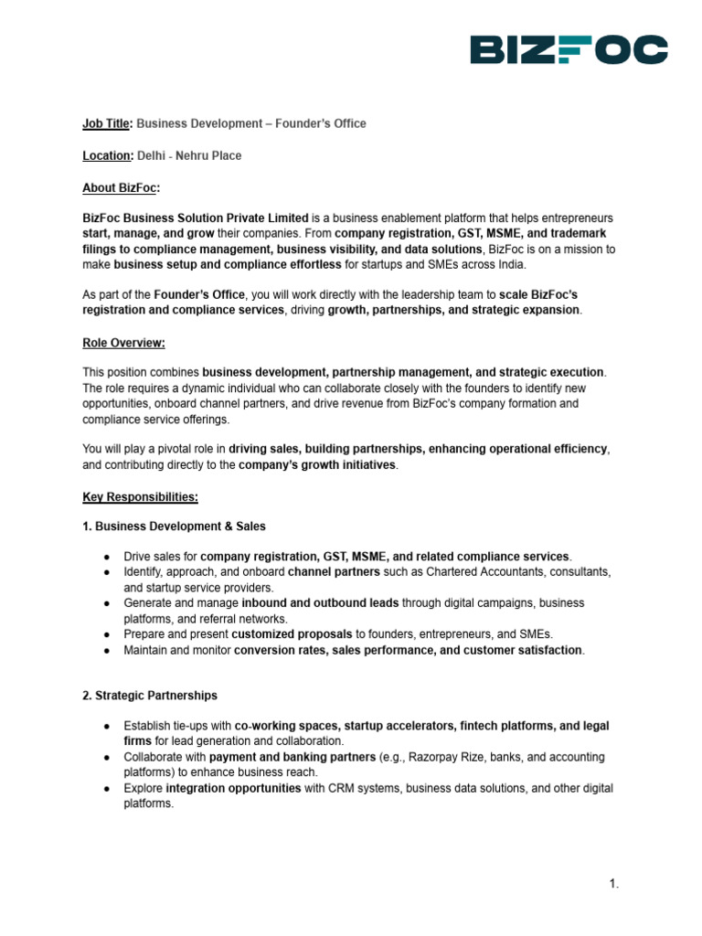 Job Description - Business Development - Founder's Office | PDF