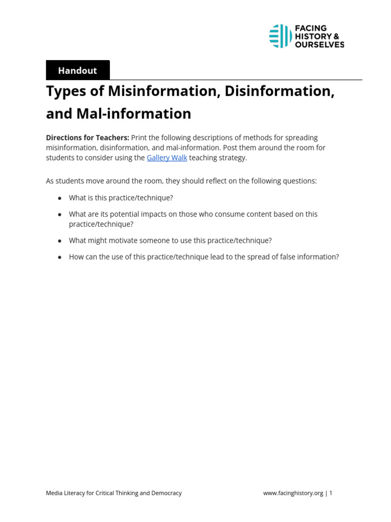 Handout - Types of Misinformation, Disinformation, and Mal-Information ...