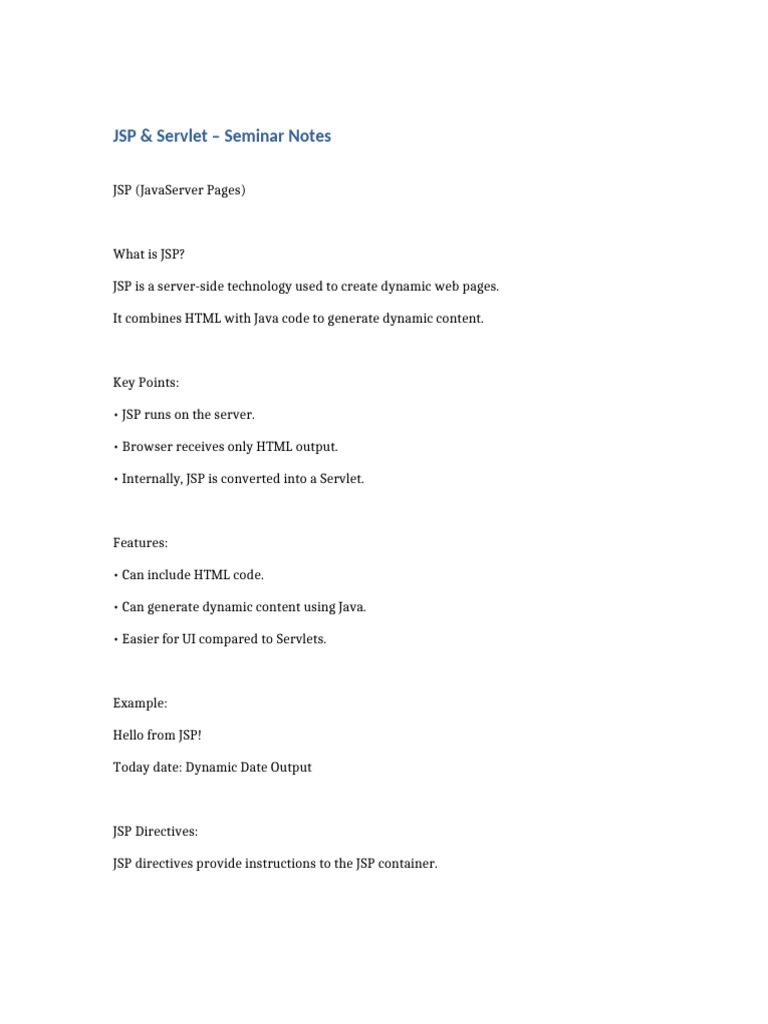JSP Servlet Seminar Notes | PDF