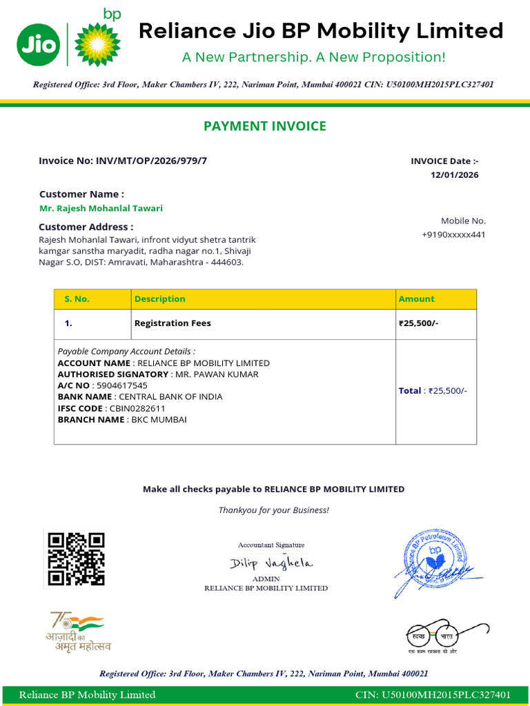 Jio BP (Payment Invoice) Mr. Rajesh Mohanlal Tawari | PDF