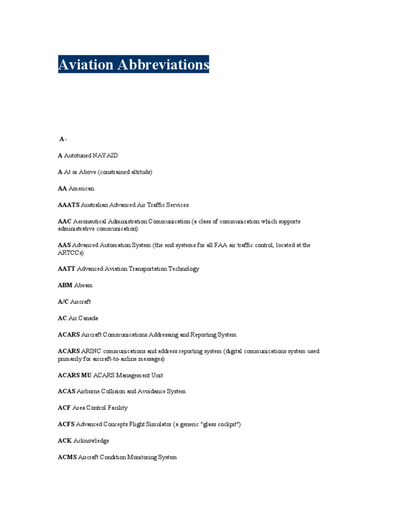 Aviation Abbreviations Instrument Flight Rules Air Traffic Control
