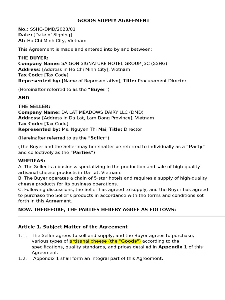 Contract Example 1 | PDF | Procurement | Food Safety