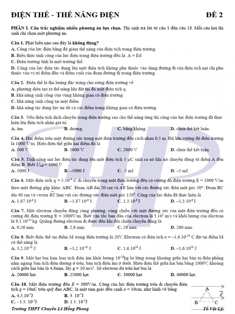 Điện Thế - Thế Năng Điện Đề 2: Tr ng THPT Chuyên Lê H ng Phong T V tL | PDF