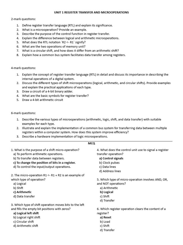 COA Unit 1 & 2 Suggestive Questions | PDF | Computer Architecture ...