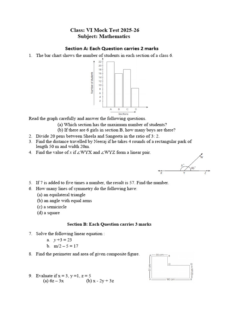 Maths Mock Test Paper Class 6 (2026) | PDF