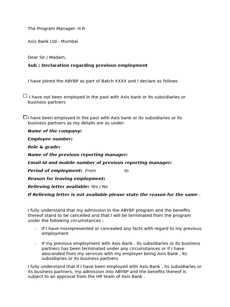 ABYBP Employment Declaration | PDF