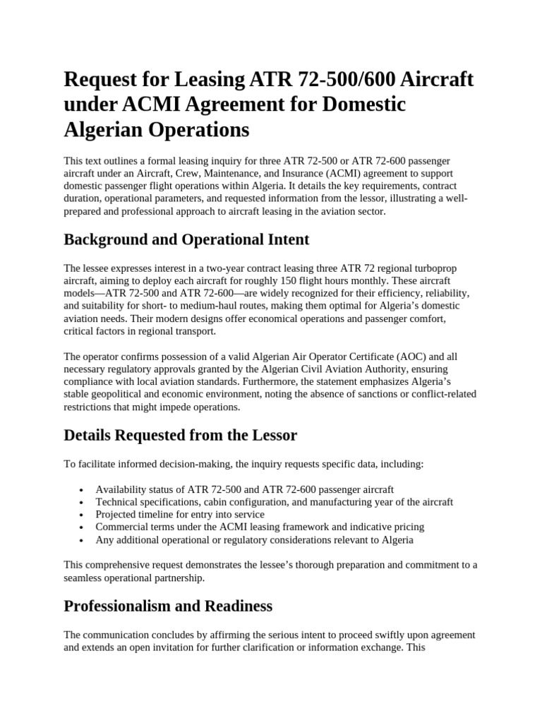 Request For Leasing ATR 72 | PDF | Lease | Aviation