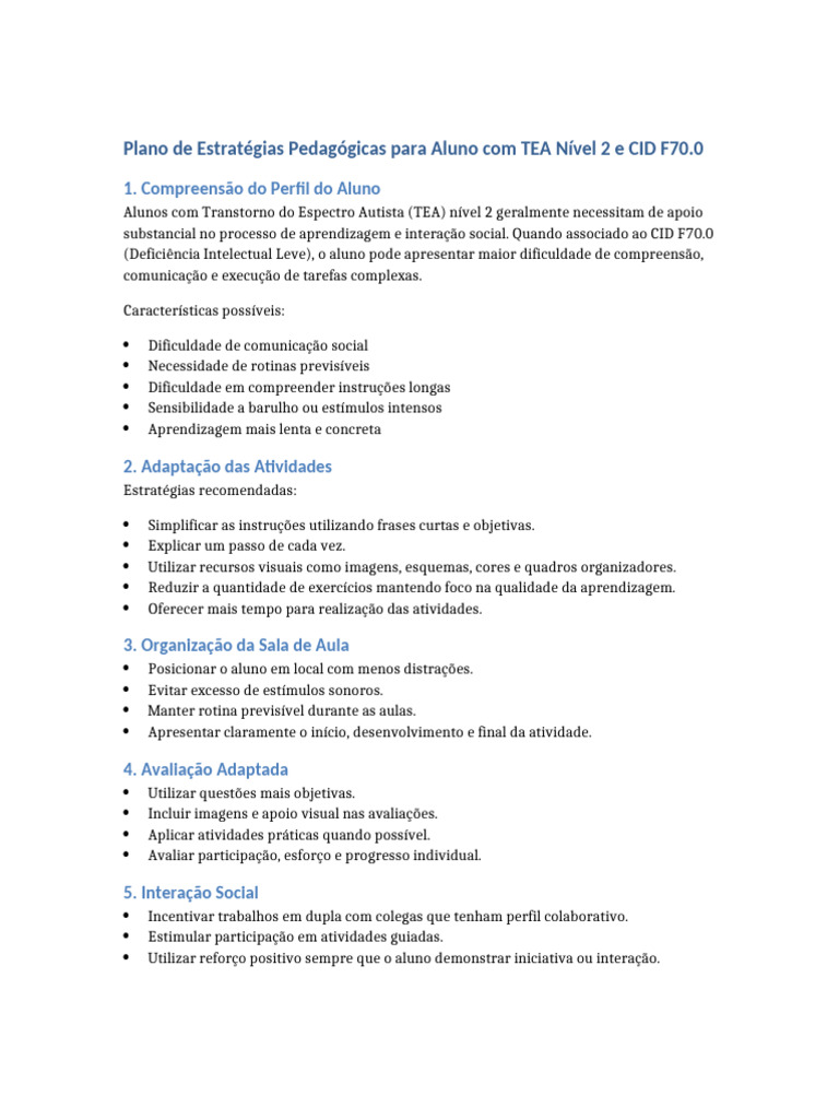 Plano Aluno TEA F70 | PDF
