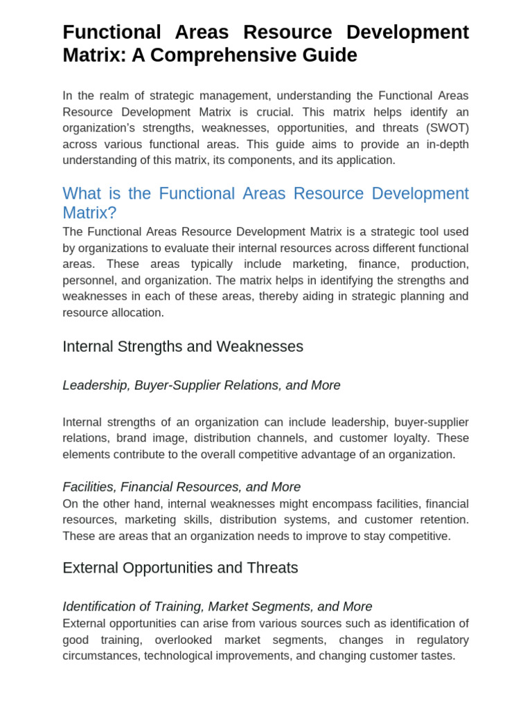 Functional Areas Resource Development Matrix | PDF | Marketing | Swot ...