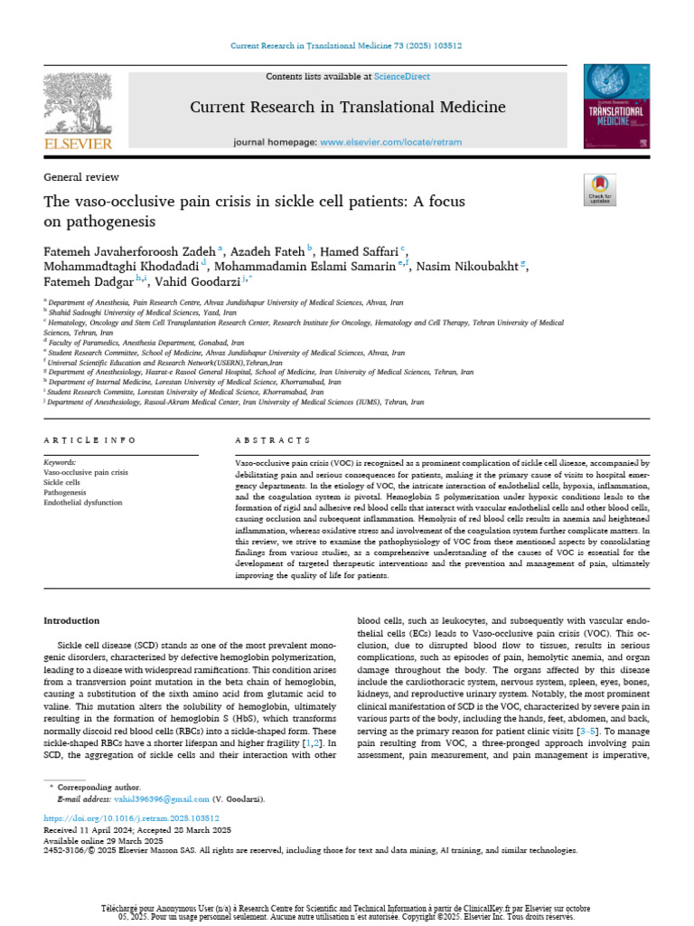 The Vaso-Occlusive Pain Crisis in Sickle Cell Patient | PDF