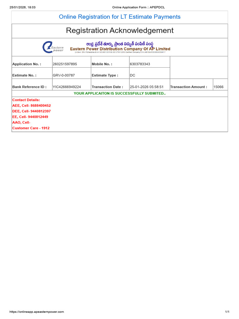 Registration Acknowledgement: Online Registration For LT Estimate ...