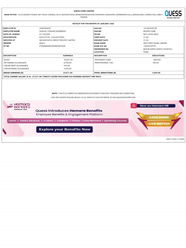 Gunjal Tushar Sahebrao January 2026 Salary Slip - January-2026 | PDF