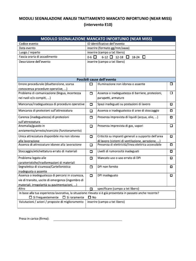 INAIL Modulo Segnalaz Near Miss 2026 | PDF