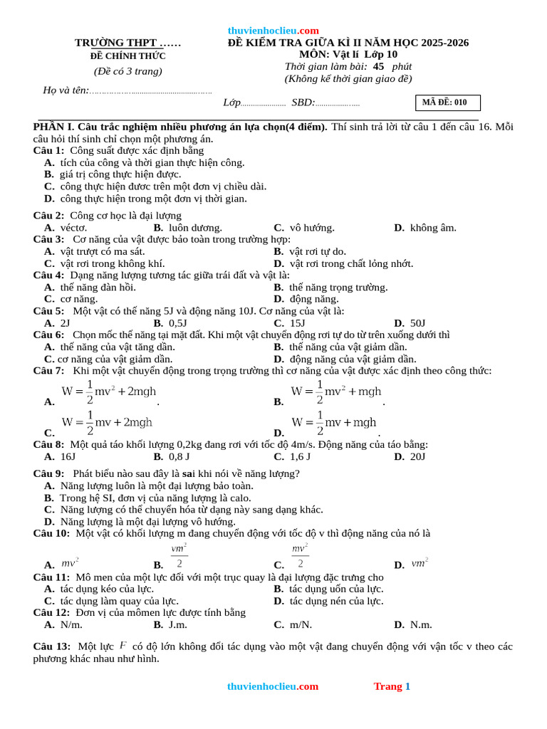 De Kiem Tra Giua HK2 Vat Li 10 Nam 25 26 | PDF