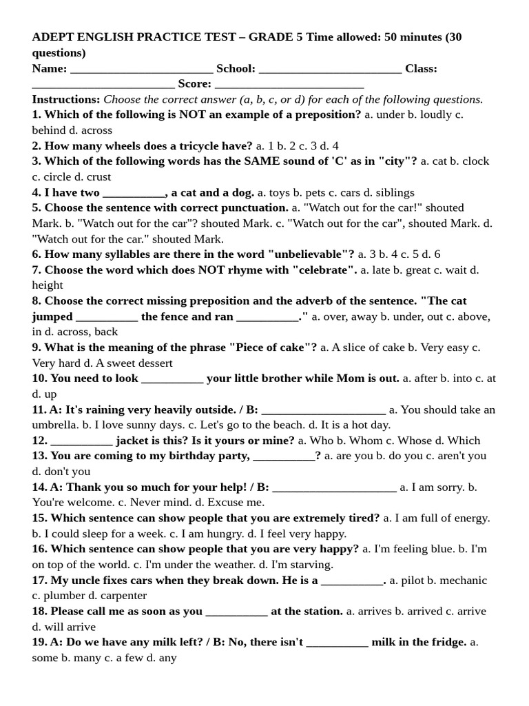 Adept English Practice Test | PDF