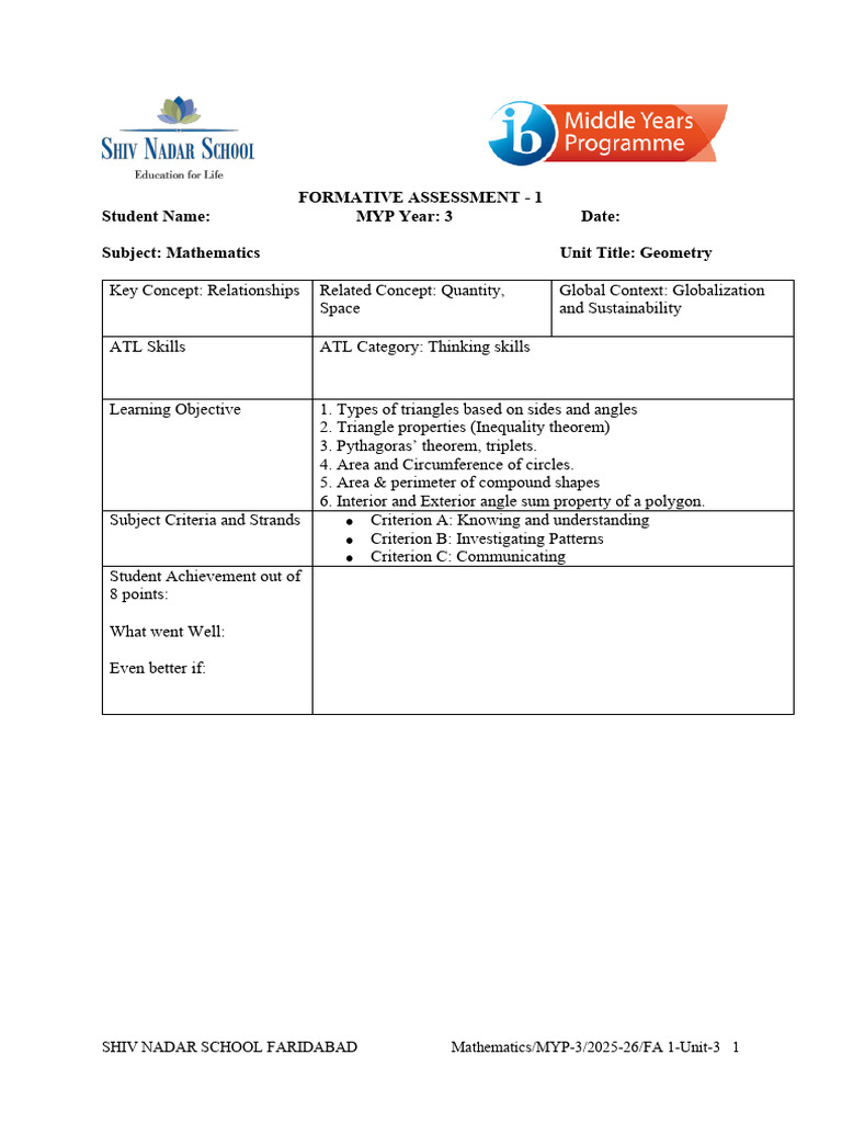 Toddle - MYP 3 - FA 1 - 2025 ABC | PDF | Area | Triangle