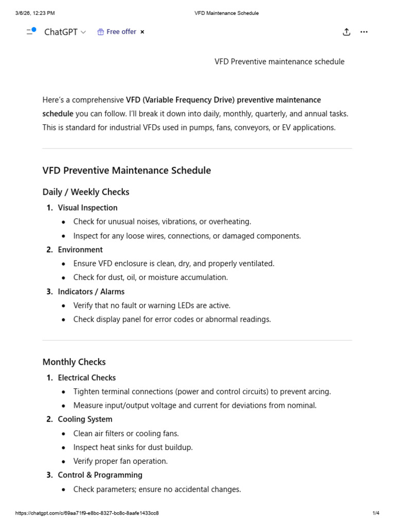 VFD Maintenance Schedule - FPDF | PDF