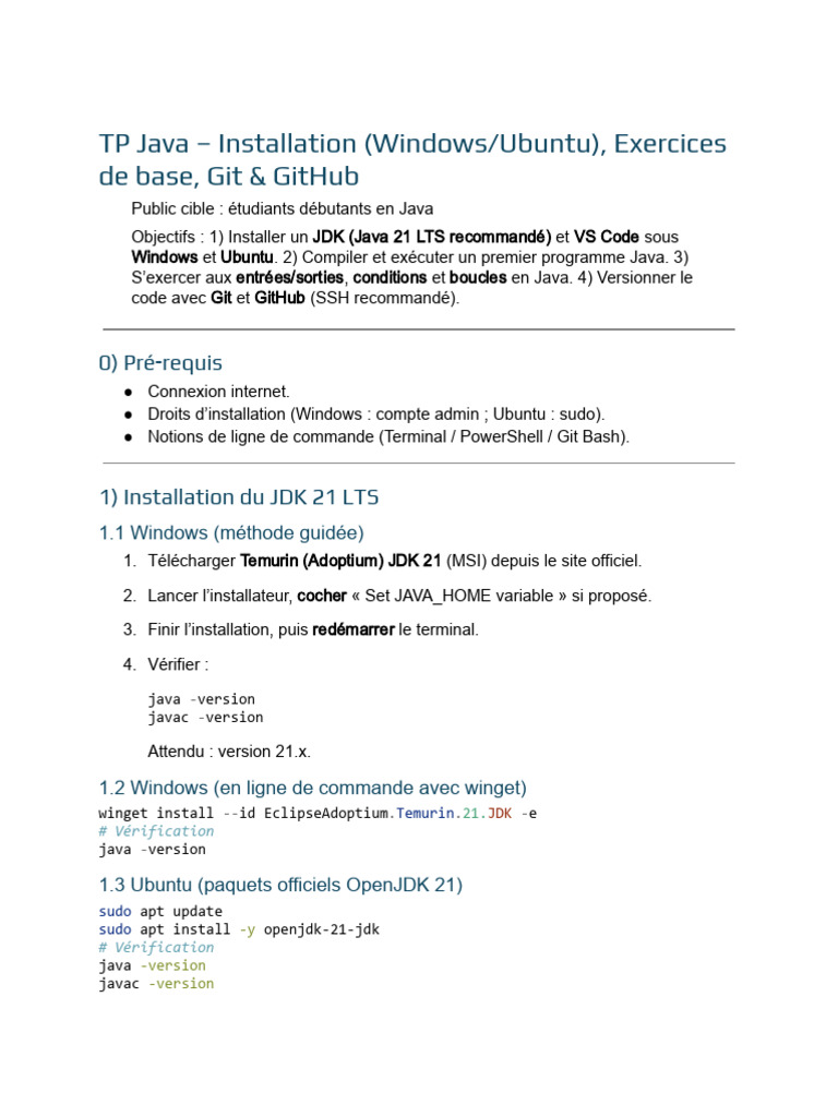 TP Java - Installation (Windows - Ubuntu), Exercices de Base, Git & Git ...