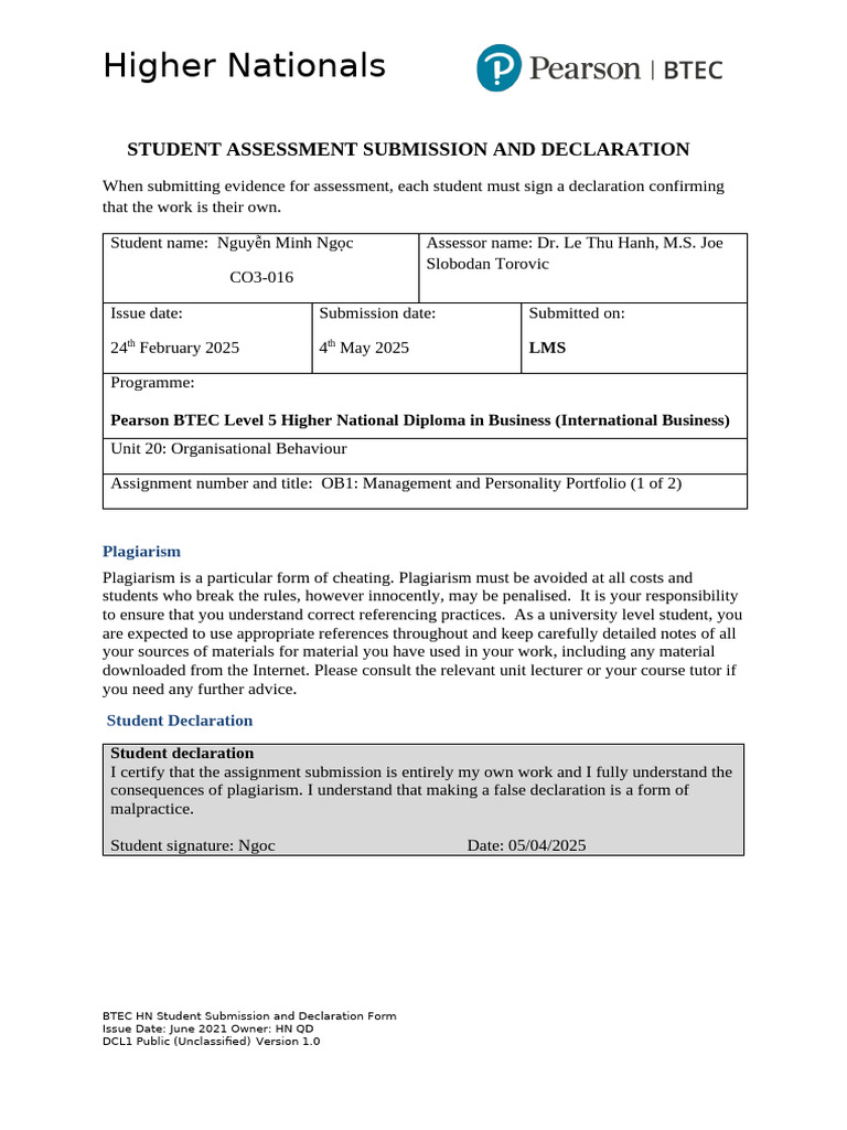 A1 Student Assessment Submission and Declaration | PDF