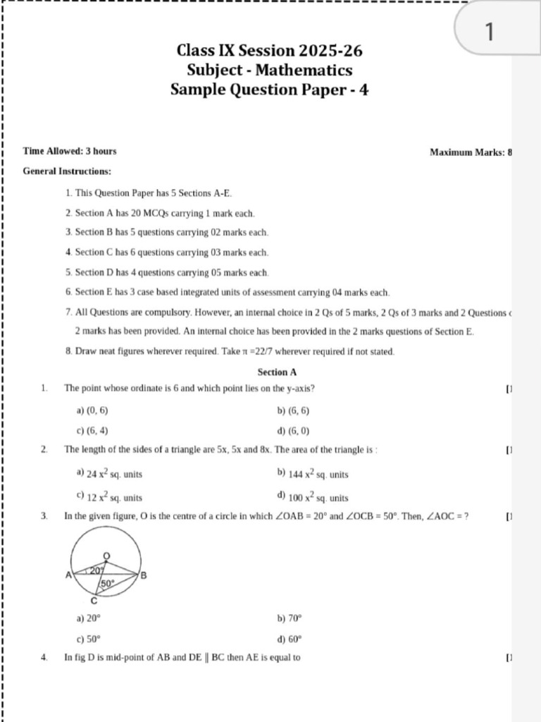 IX Session Subject Mathematics Question Paper: Class 1 | PDF