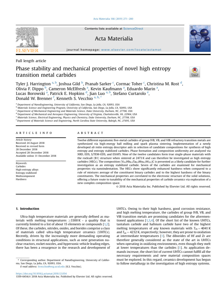 Phase Stability and Mechanical Properties of Novel High Entropy ...