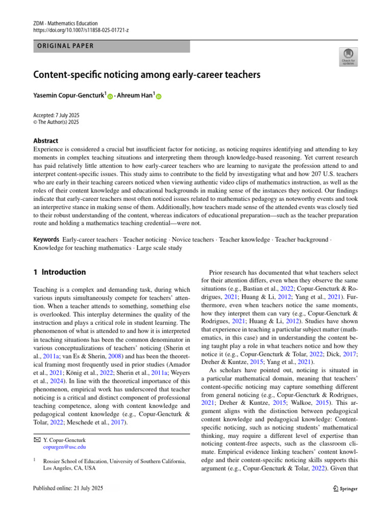 Content-Specific Noticing Among Early-Career Teach | PDF | Teachers ...
