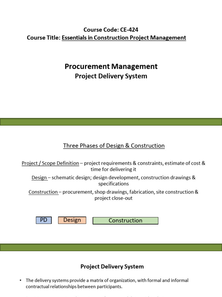 Procurement Management: Course Code: CE-424 Course Title: Essentials in ...