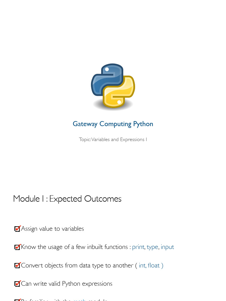 Gateway Computing Python: Topic: Variables and Expressions I | PDF