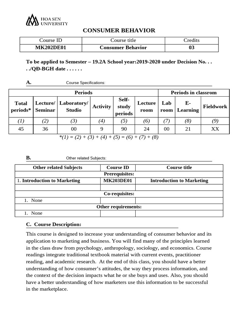 Consumer Behavior Syllabus Blended 19 2A | PDF | Consumer Behaviour ...