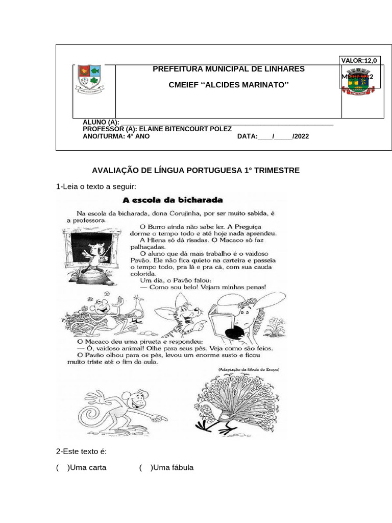 Avaliação Língua Portuguesa 4 Ano 1 Trimestre | PDF