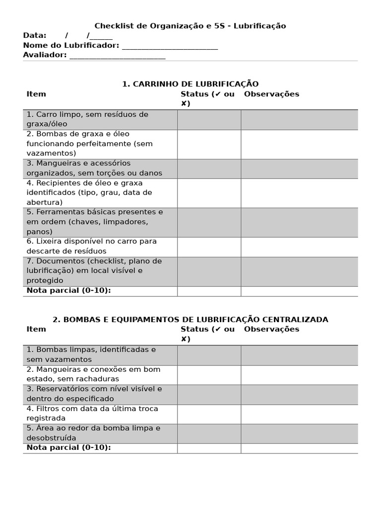 Checklist Lubrificação | PDF