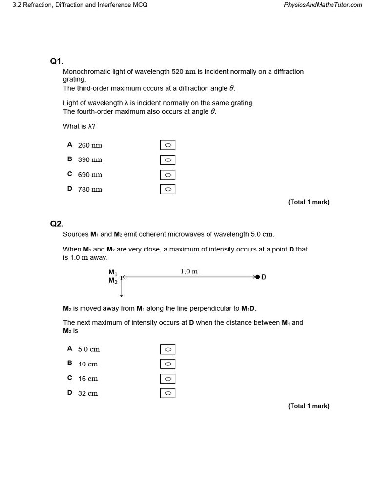 3.2 Refraction, Diffraction and Interference MCQ QP | PDF | Diffraction ...