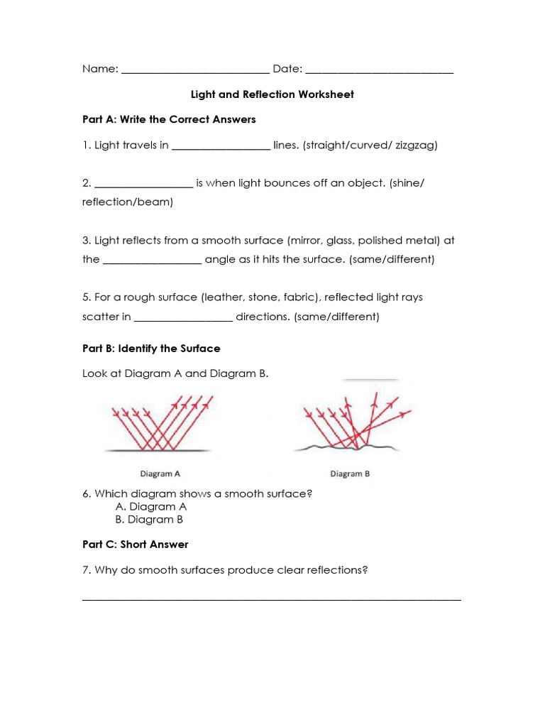 Light and Reflection Worksheet Homework | PDF
