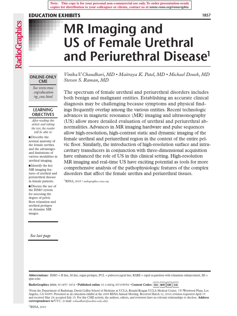 MR Imaging and Us of Female Urethral and Periurethral Disease | PDF