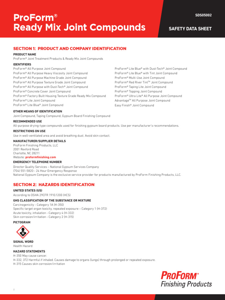ProForm All Purpose (Ready Mix Joint Compounds) | PDF | Toxicity ...
