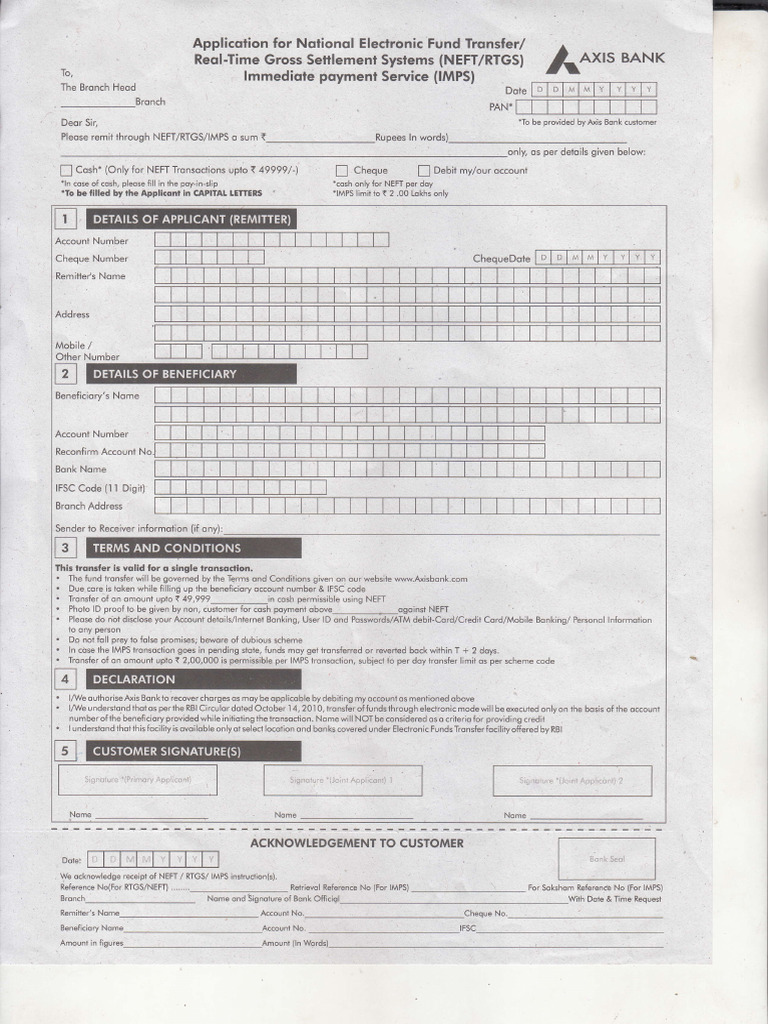 Axis Neft Rtgs Form | PDF | Banking | Banking Technology