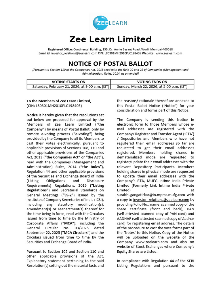 Notice Postal Ballot 10.02.2026 | PDF | Login | Electronic Voting