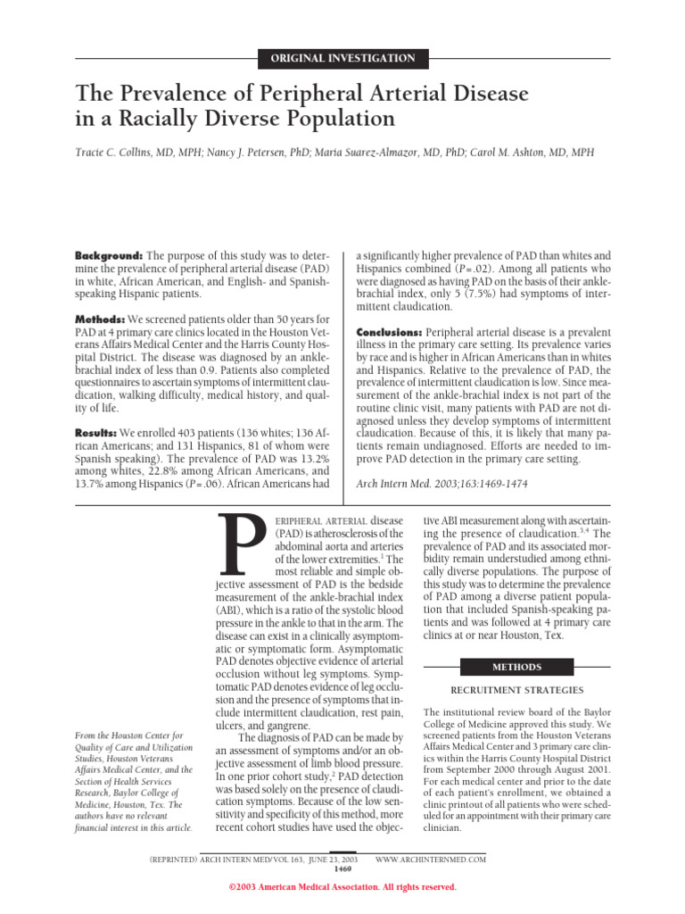 Prevalence of Peripheral Arterial Disease in A Racially Diverse ...