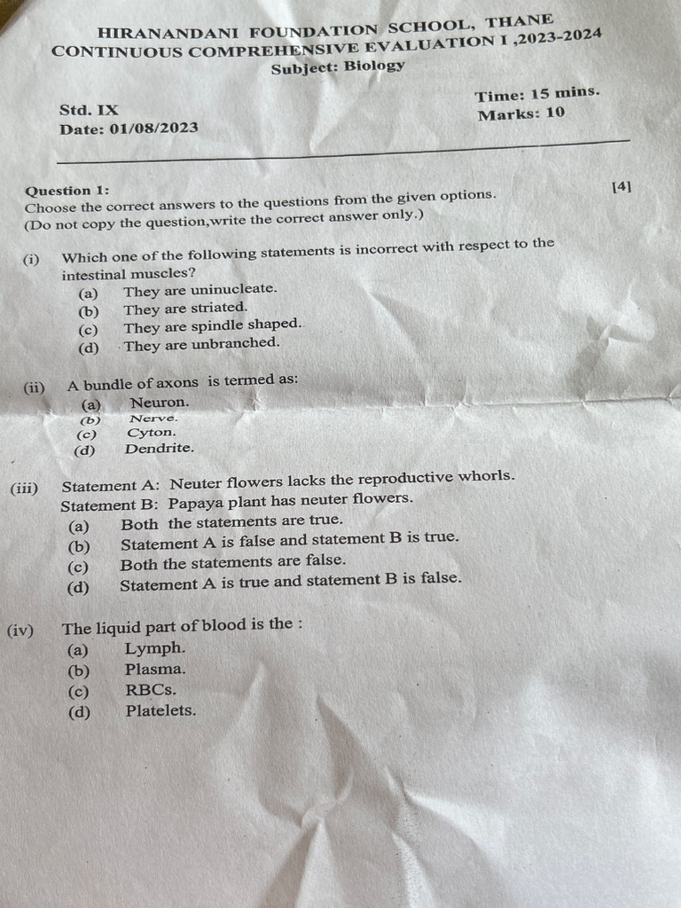 Last Year Classtest Paper (HFS) | PDF