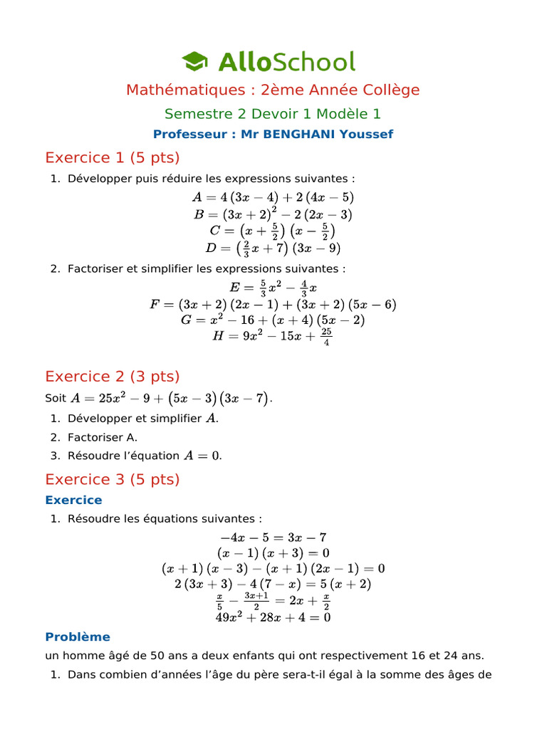 Math 2ac Semestre 2 Devoir 1 Modele 1 1 | PDF