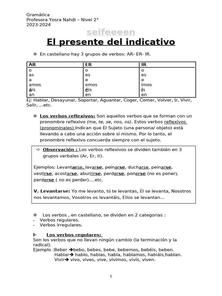 Los Verbos en Presente Del Indicativo | PDF | Verbo | Pronombre