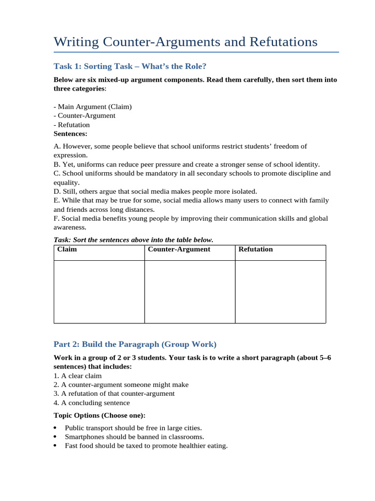 Session 3 Counter Argument Writing Worksheet With Answers | PDF ...